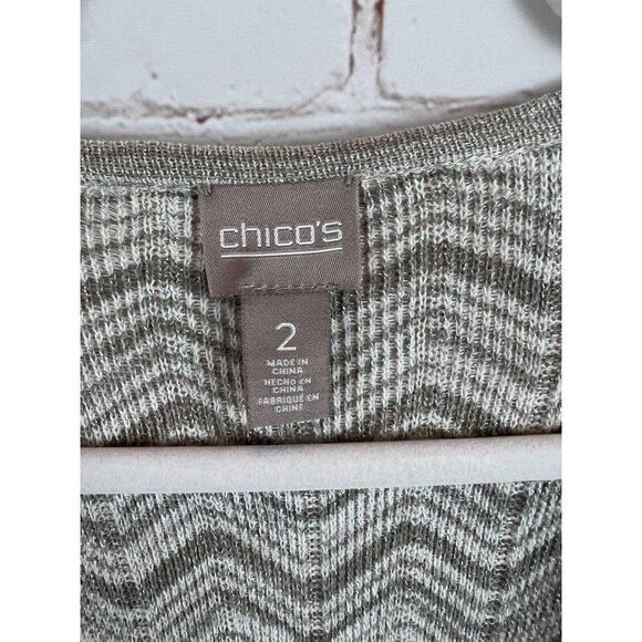 CHICO'S gray zigzag striped knit open front waterfall cardigan sweater 2 L 12-14 - Picture 2 of 7